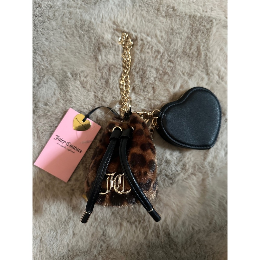 Juicy Couture Leopard Faux Fur Mini Bucket Bag & Heart Coin Purse Keychain NWT
